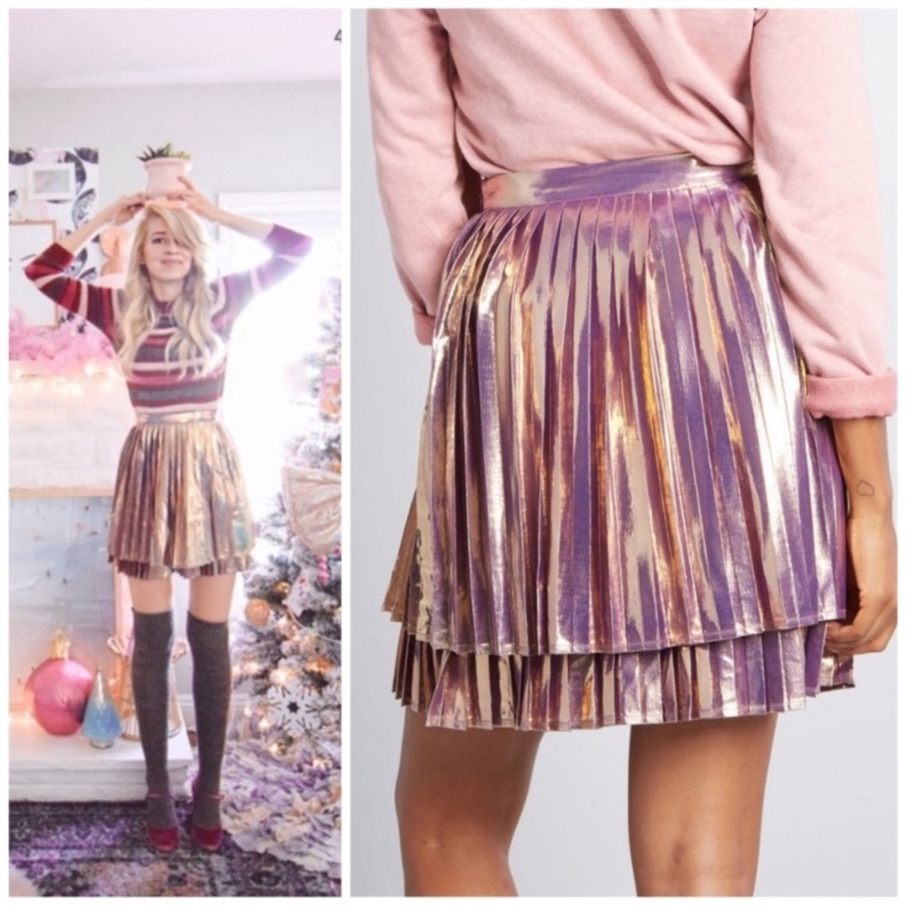 ModCloth Metallic Gold Purple Pink Pleated Tiered Flowy Mini Skirt - 1X